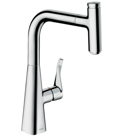 Hansgrohe Metris Select M71 drezová stojanková batéria 240 s vyťahovacím výtokom 1jet, sBox, a tlačítkom Select chróm, 73802000