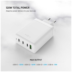 Fixed sieťová GaN nabíjačka s 3x USB-C a USB výstupom, podpora PD 3.0, 120W, biela FIXCG120-3C1A-WH