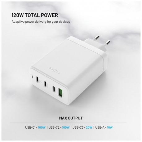 Fixed sieťová GaN nabíjačka s 3x USB-C a USB výstupom, podpora PD 3.0, 120W, biela FIXCG120-3C1A-WH